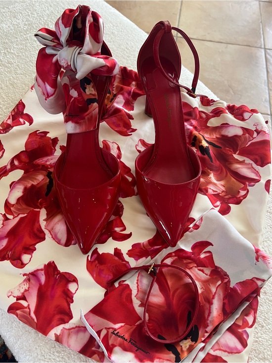 Salvatore Ferragamo Shoes - Salvatore Ferragamo Red Patent Pointed-Toe Slingback Pumps with Ankle Tie